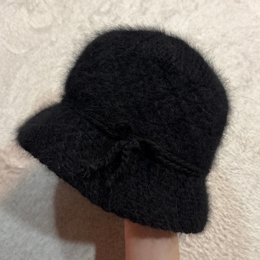 Vintage Y2K Angora Rabbit Hair Blend Black Women's Bucket Hat NWOT